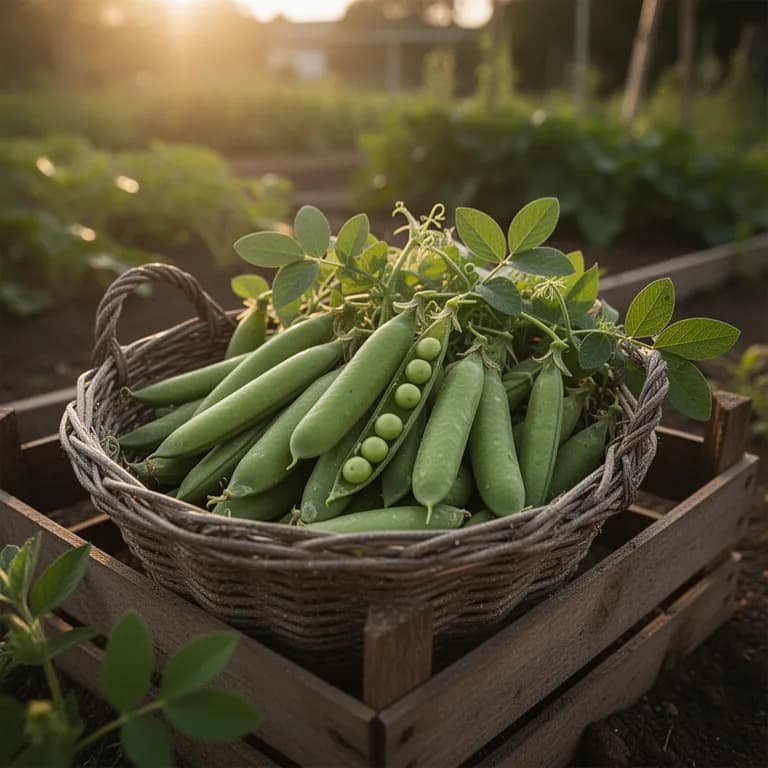 Plump green pea pods hanging from vines