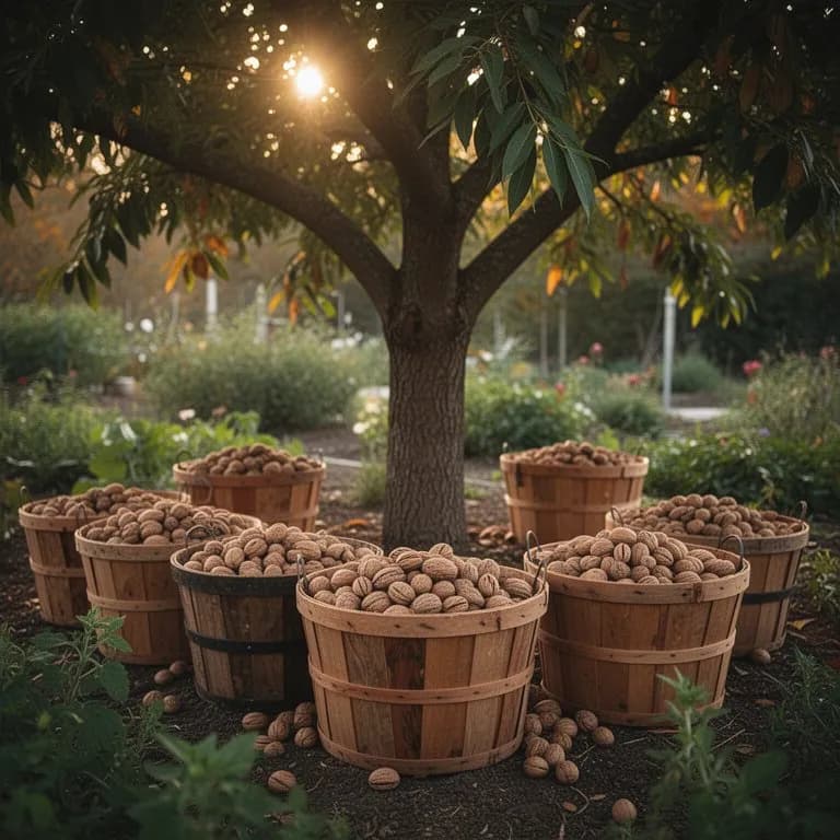 Pacanas cosechadas con y sin cáscara expuestas sobre una superficie de madera
