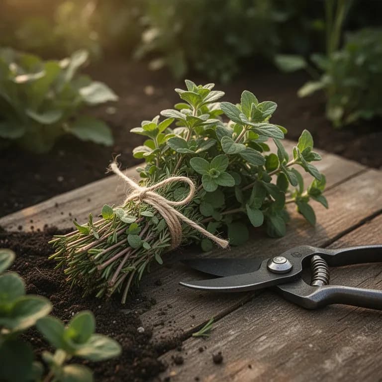 Freshly cut pennyroyal stems bundled together for drying