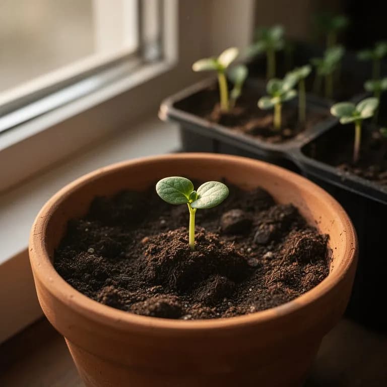 Young pennyroyal seedlings with small oval leaves emerging from soil