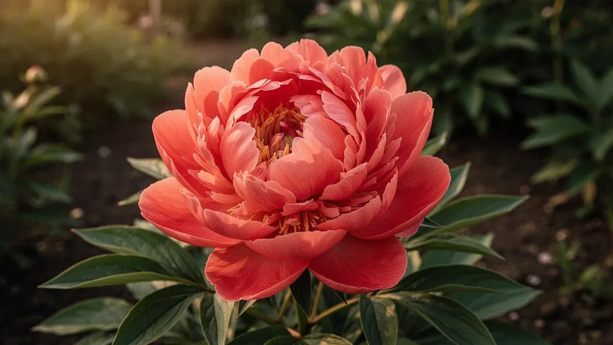 Jarrón con peonías Coral Sunset recién cortadas en distintas fases de apertura sobre una mesa de madera