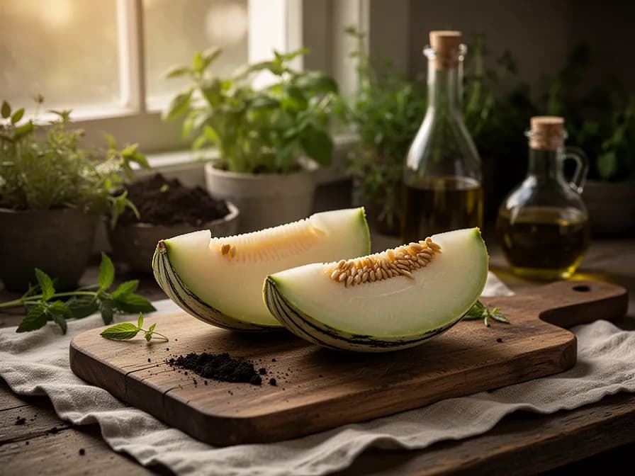 Querschnitt einer Pepino-Melone mit blassem, goldenem, durchscheinendem Fruchtfleisch und kleiner zentraler Samenhöhle
