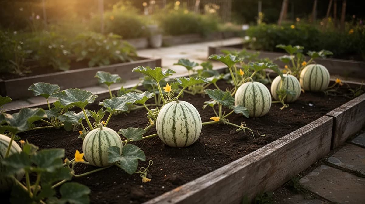 Buschige Pepino-Melonen-Pflanze voller gestreifter Früchte in einem Hochbeet