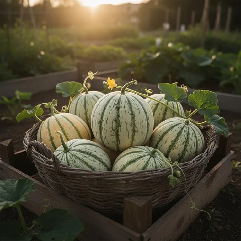 Reife Pepino-Melonen-Frucht mit goldgelber Schale und markanten violetten Streifen an der Pflanze hängend