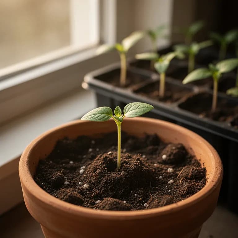 Young Anaheim pepper seedling with first true leaves emerging in a seed tray