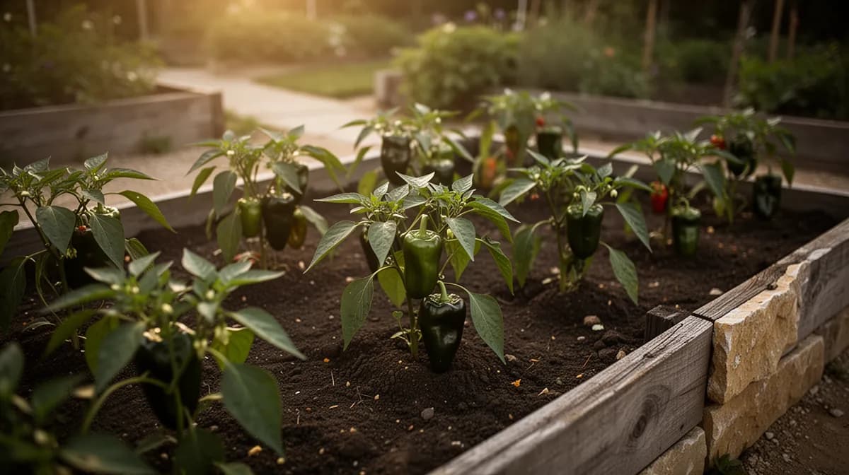 Buschige Ancho-Paprika-Pflanze voller dunkelgrüner Früchte in einem Gartenbeet