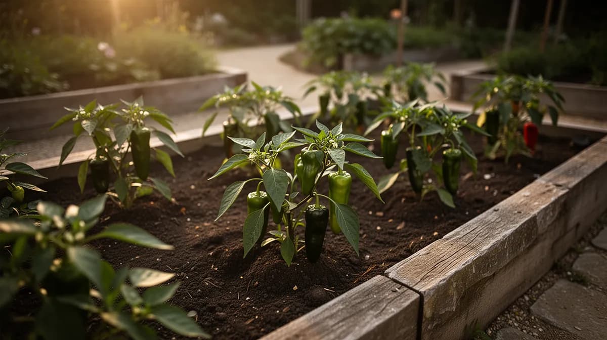 Healthy banana pepper plant loaded with fruit in a sunny garden bed