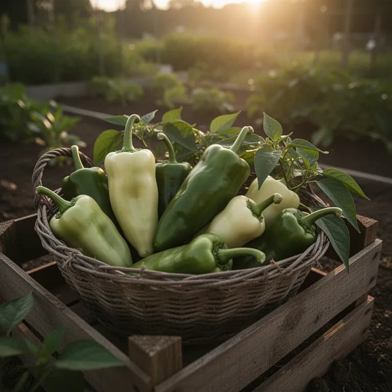 Ripe banana peppers in shades of yellow, orange, and red on the plant