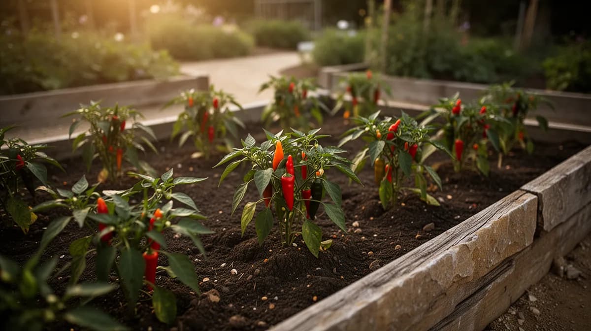 Buschige Cayennepfefferpflanze voller roter und grüner Schoten in einem sonnigen Gartenbeet