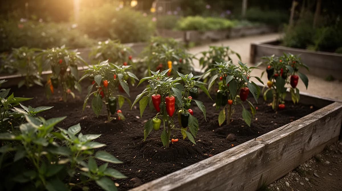 Kirschpaprika-Pflanze wächst in einem großen Terrassenkübel voller Früchte