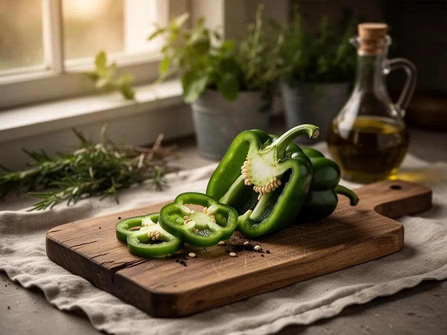Cubanelle-Paprika goldbraun in Olivenöl in einer gusseisernen Pfanne angebraten