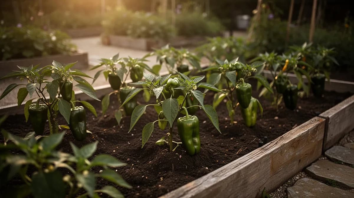 Ertragreiche Cubanelle-Paprikapflanze voller langer blassgrüner Früchte in einem sonnigen Garten