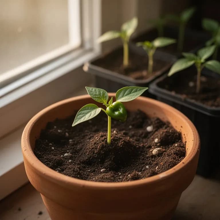 Junger Cubanelle-Paprika-Sämling mit blassgrünen Keimblättern in einer Anzuchtschale