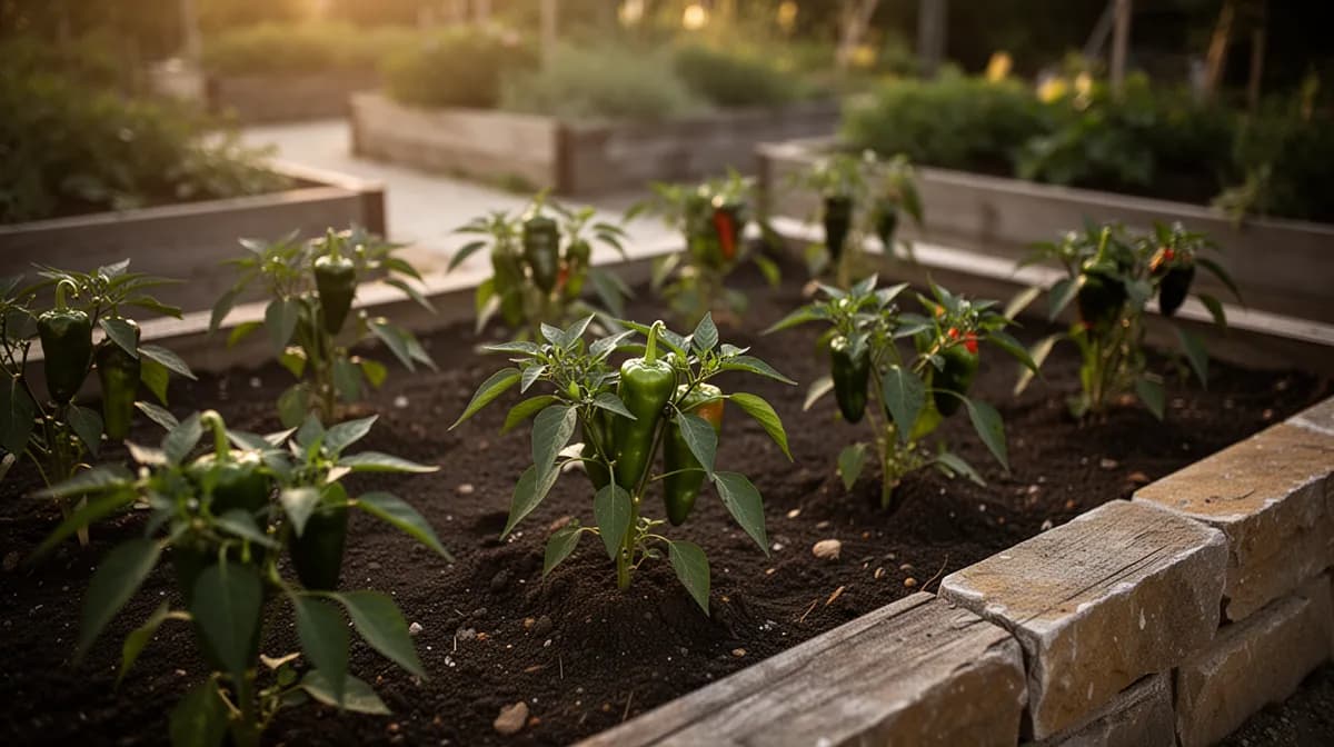 Bushy datil pepper plant loaded with green and golden peppers in a sunny garden