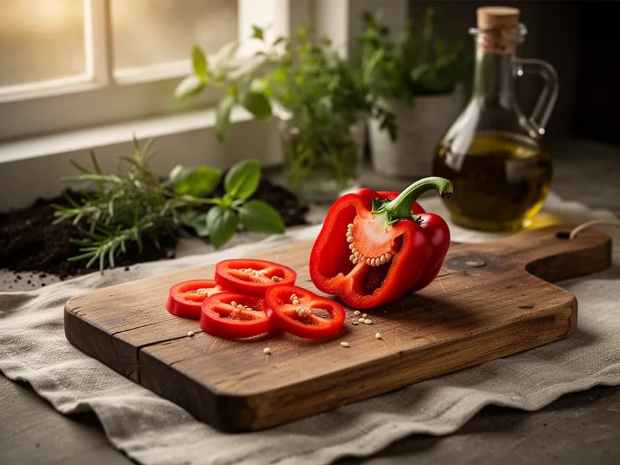 Dried ghost peppers and ground ghost pepper powder on a cutting board