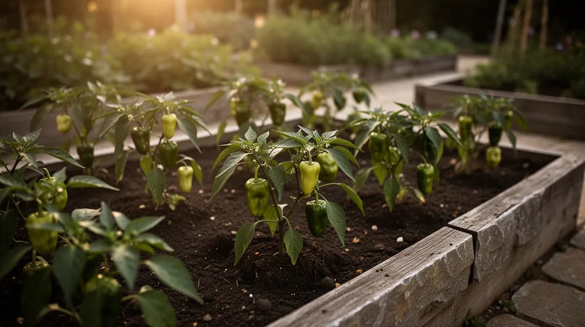Mature ghost pepper plant loaded with red and green peppers in a sunny garden