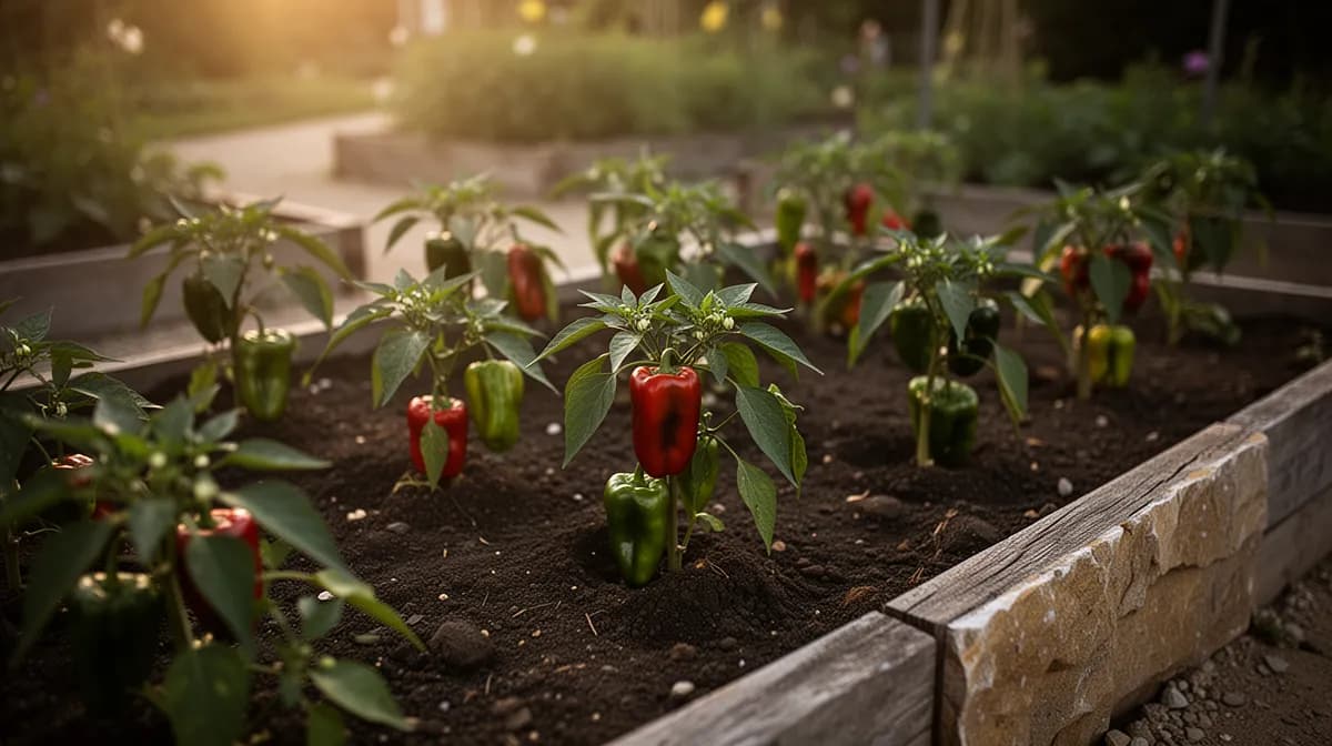 Bushy Hungarian Wax pepper plant loaded with yellow peppers in a sunny garden bed