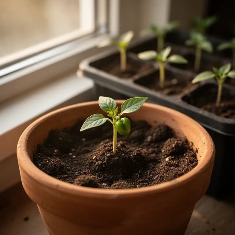 Young Hungarian Wax pepper seedling with first true leaves emerging