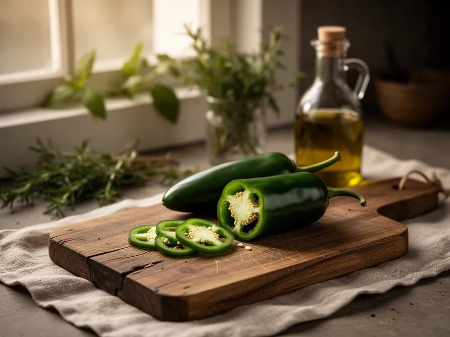 Reife Jalapeño-Paprika mit charakteristischen hellbraunen Korkstreifen auf der Schale