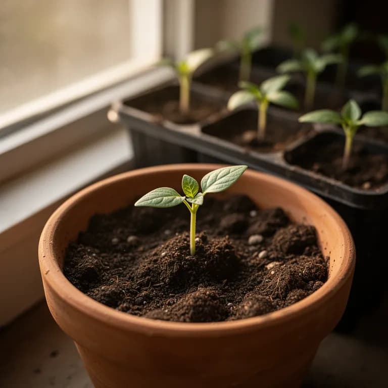 Young Padron pepper seedling with smooth oval cotyledon leaves emerging from a starter pot