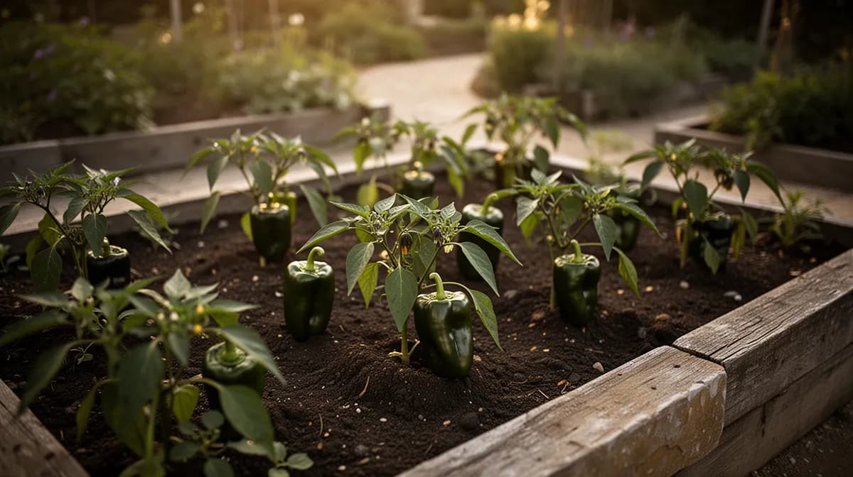 Poblano-Chili-Pflanzen in einem sonnigen Hochbeet mit reichem Fruchtbehang