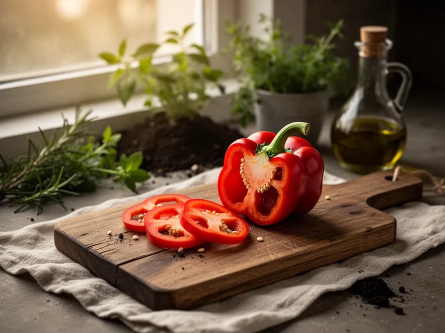Halved rocoto pepper revealing thick juicy walls and distinctive black seeds