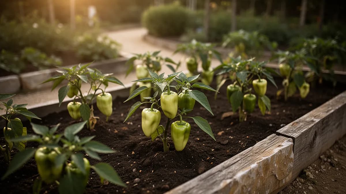 Mature rocoto pepper bush growing in a cool mountain garden setting with lush green canopy
