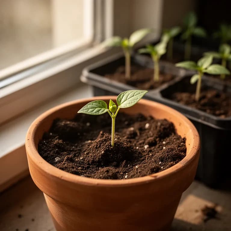 Young rocoto pepper seedling with dark green pubescent leaves emerging from a starter pot