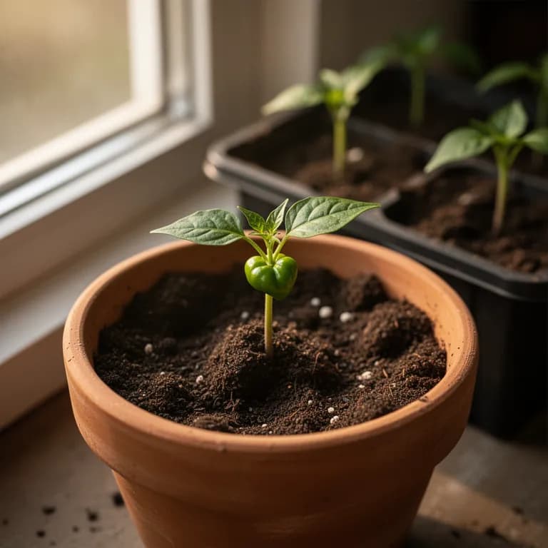 Young Scotch Bonnet pepper seedling with small oval leaves in a warm starter pot