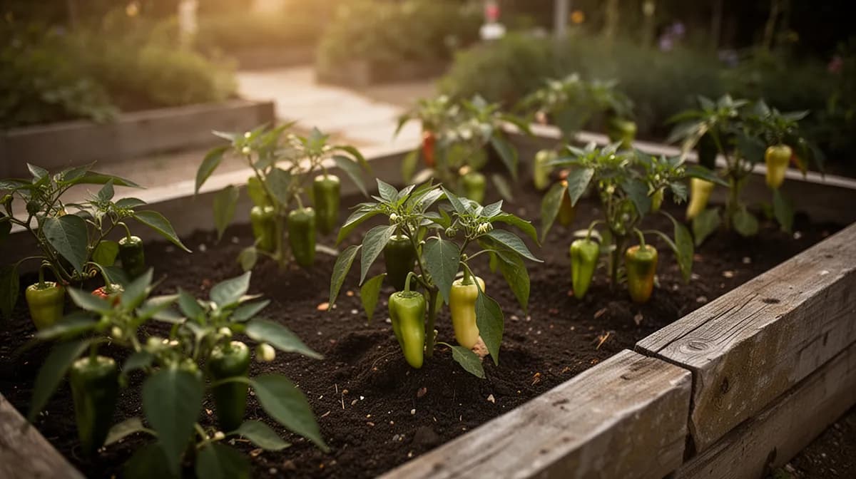 Mature serrano pepper plant loaded with green fruits in a sunny garden bed
