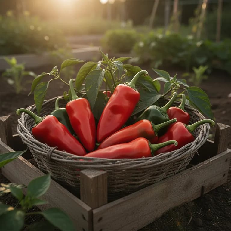 Ripe red serrano peppers on the vine showing full color change from green