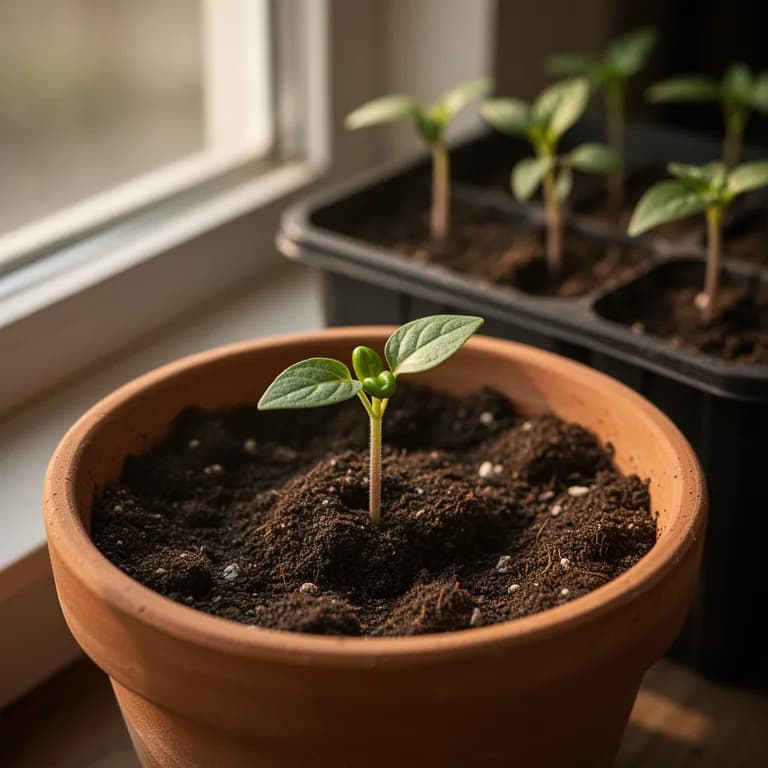 Young serrano pepper seedling with dark green cotyledon leaves in a starter pot