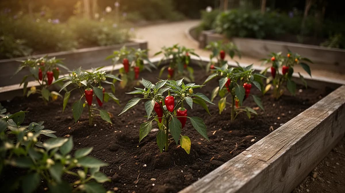 Ausgewachsener Tabasco-Paprika-Busch voller bunter Paprikafrüchte in einem sonnigen Gartenbeet