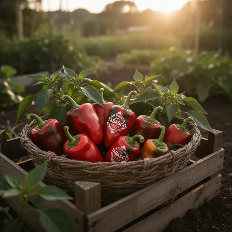 Leuchtend rote, reife Tabasco-Paprikafrüchte, erntebereit an einer ausgewachsenen buschigen Pflanze