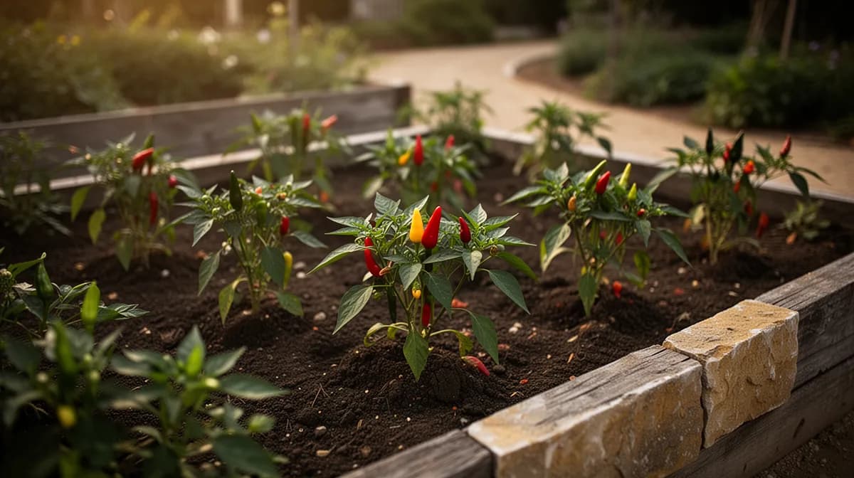 Kompakte Thai-Chili-Pflanze voller bunter Früchte wächst in einem Terrakottatopf