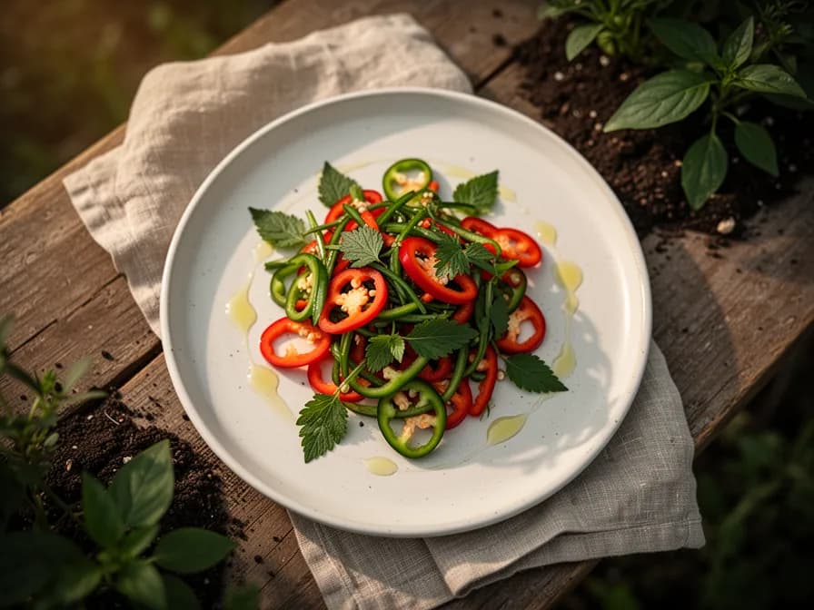 Thai-Chili-Scheiben werden in einem brutzelnden Wok mit Gemüse und Basilikum hinzugefügt