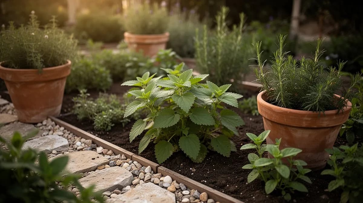 Green perilla growing in a terracotta pot on a patio