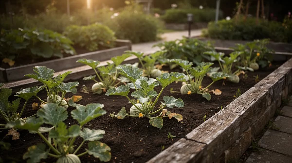 Persische Melonenpflanzen in einem Hochbeet mit Strohmulch unter reifenden Früchten