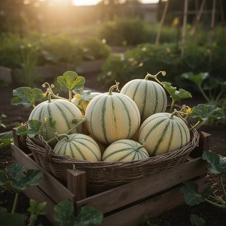 Reife Persische Melone mit goldener genetzter Schale, auf Strohmulch ruhend