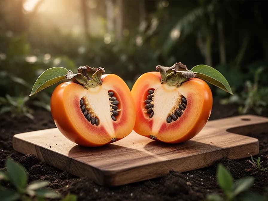 Ausgewachsener Kakibaum voller leuchtend orangefarbener Früchte