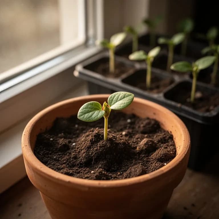 Joven plántula de caqui en un contenedor de vivero