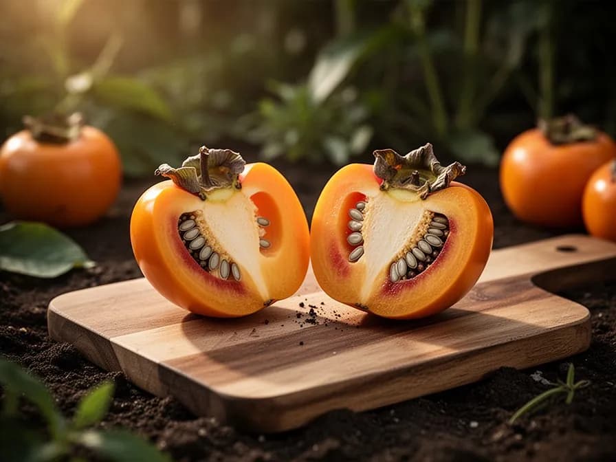 Amerikanischer Kakibaum im Herbst mit orangefarbenen Früchten