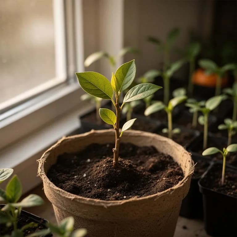 Plántula joven de caqui con hojas verdes y brillantes