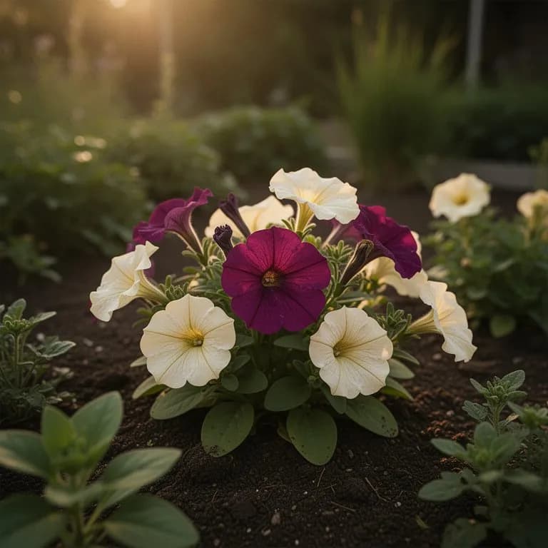 Surtido de variedades de petunia, incluyendo grandiflora, multiflora y tipos rastreros
