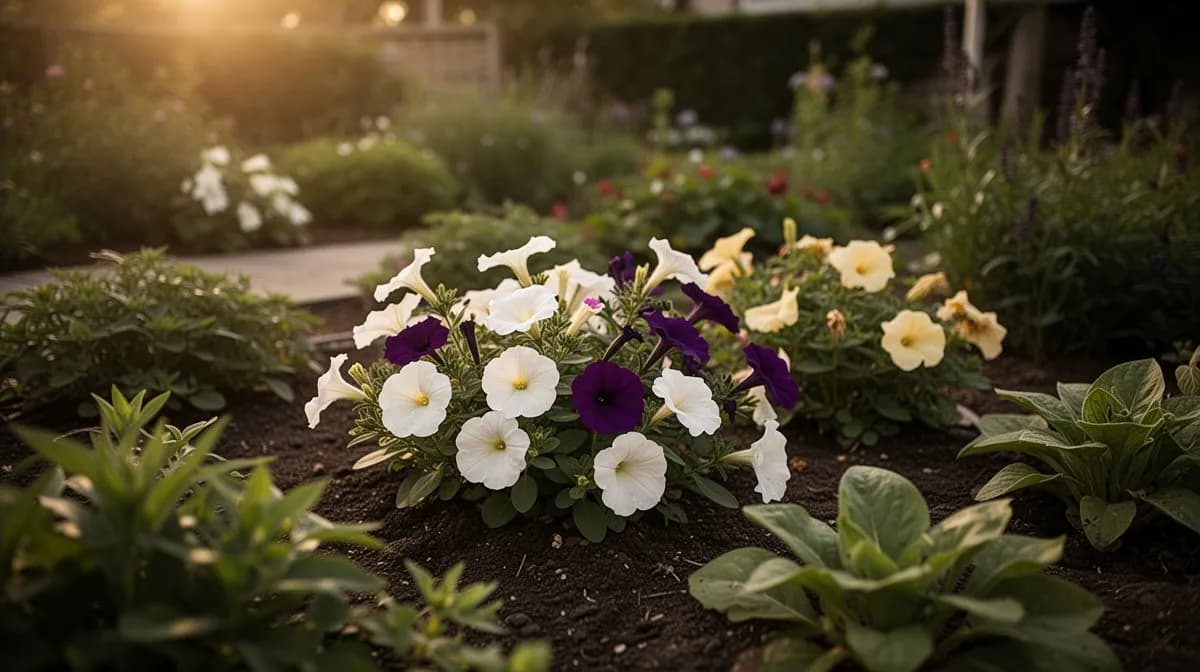 Supertunia-Petunien in einem dekorativen Terrassengefäß mit hängenden Trieben