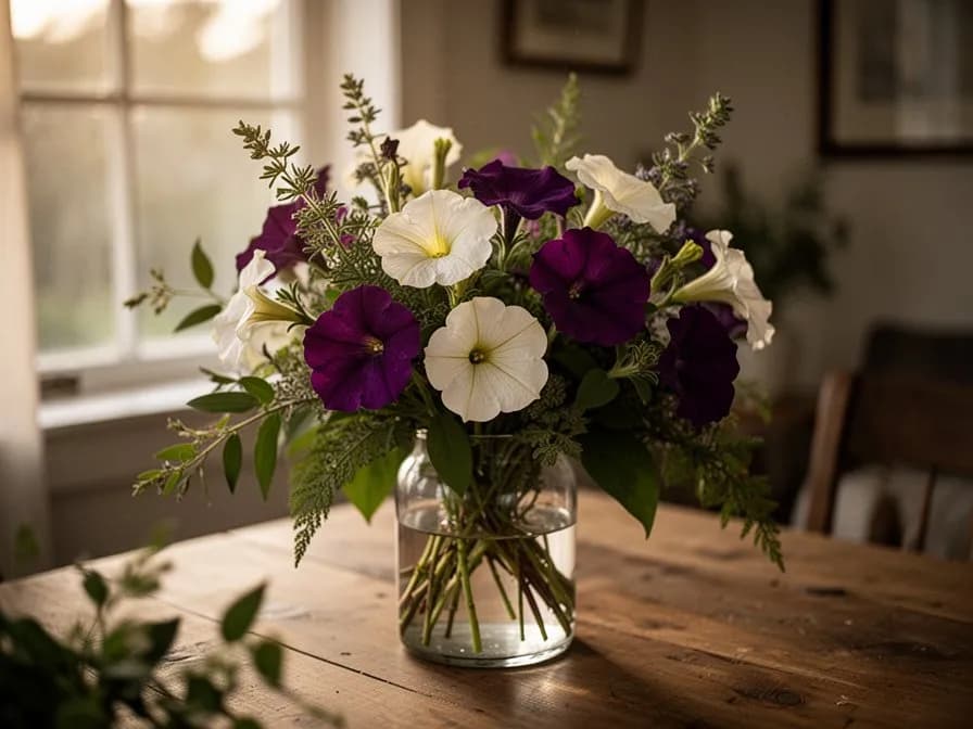Arreglo de cesta colgante con petunia Wave