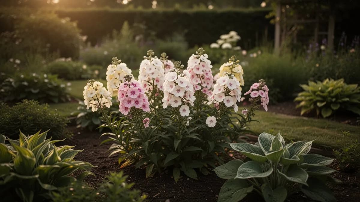 Phlox gepflanzt neben Echinacea und Schwarzäugiger Susanne in einem Staudenbeet
