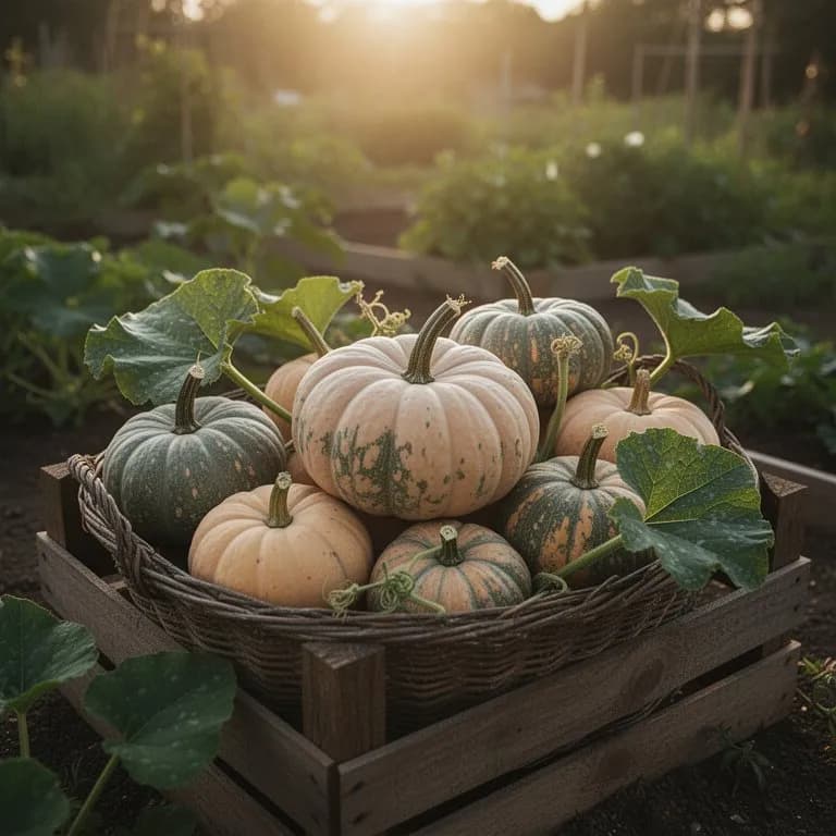 Mehrere reife Kuchenkürbisse in einer Gartenschubkarre nach der Ernte mit getrockneten Stielen