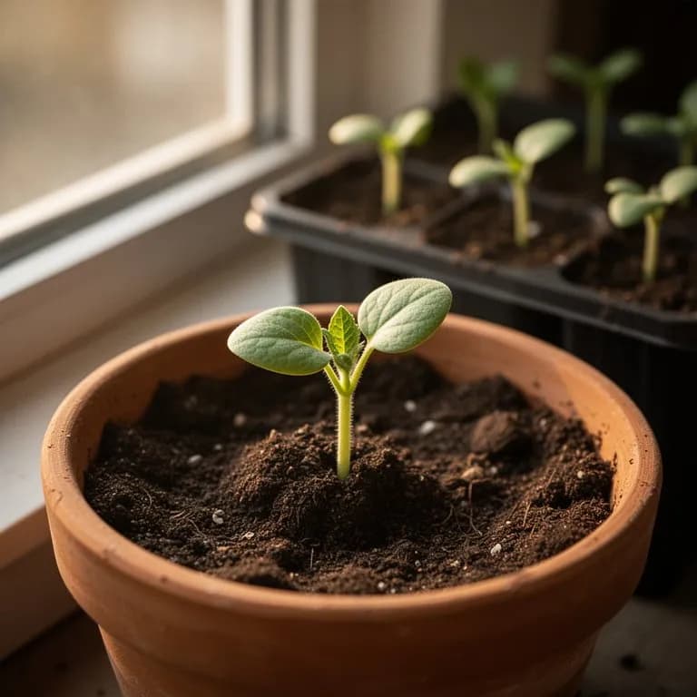 Kuchenkürbis-Sämling mit breiten, runden Keimblättern, die durch dunkle Gartenerde brechen