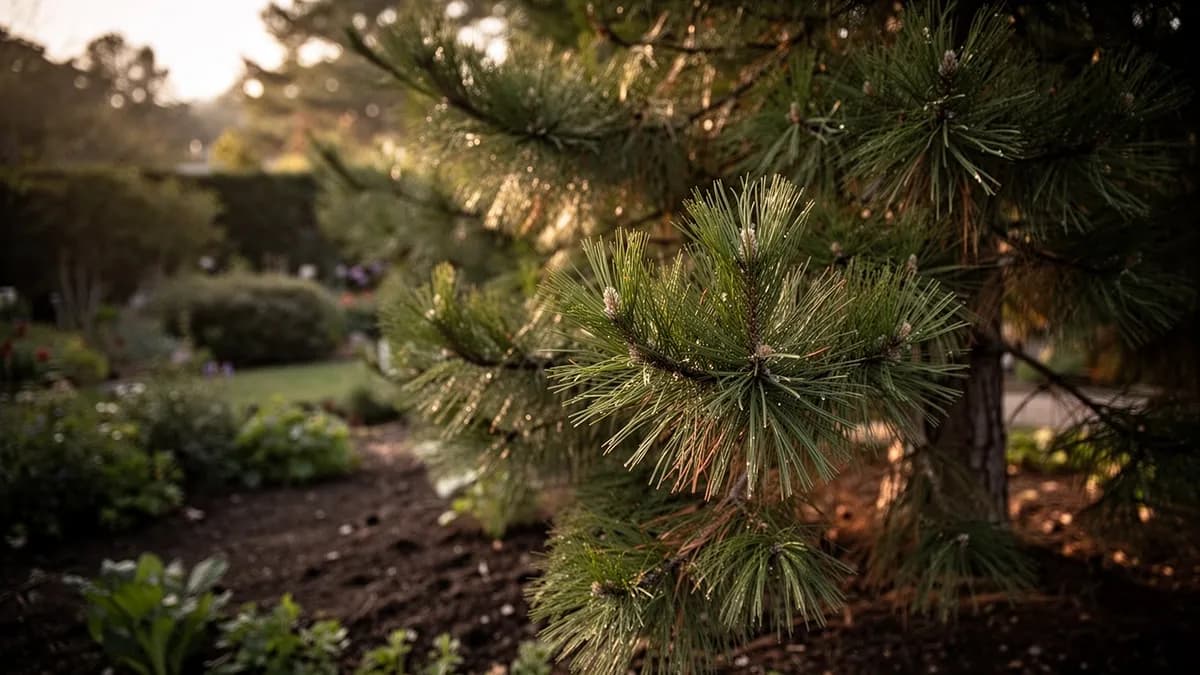 Racimo de piñas marrones maduras en una rama con largas acículas verdes